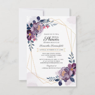 Moderne lila florale goldene geometrische Brautpar Einladung