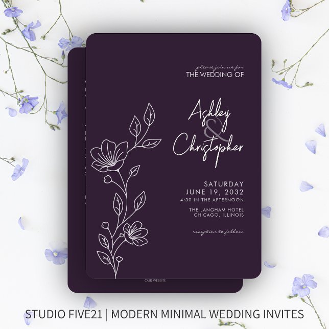 Moderne Lila Foliage Kontur All-in-One Hochzeit Einladung (Von Creator hochgeladen)