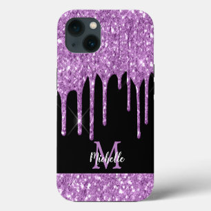 Moderne lila Glitter-Tropfen-Monogramm iPhone 13 Hülle