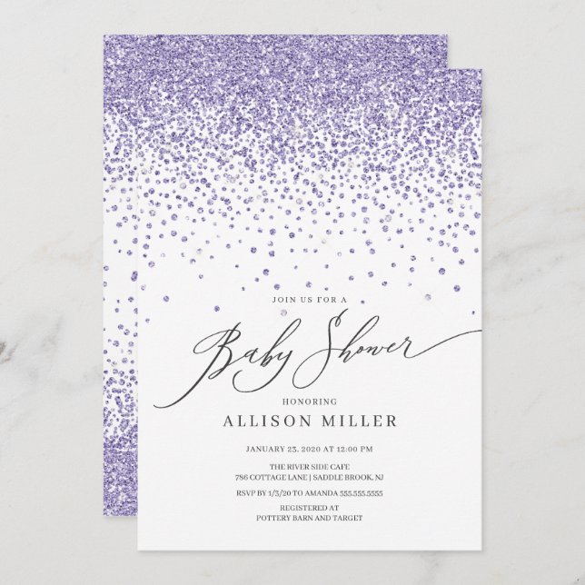 Moderne Lila Glitzer Girls Babydusche Einladung (Vorne/Hinten)