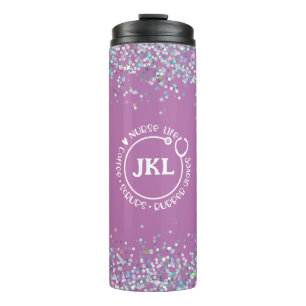Moderne Lila Glitzer Monogram Stethoscope Nurse Thermosbecher