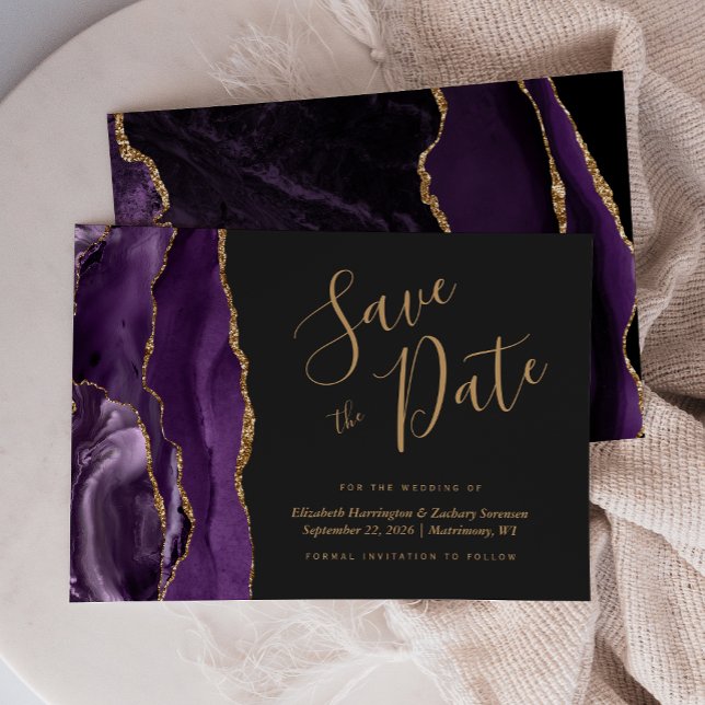 Moderne Lila Gold Agate Dark Save the Date Card (Von Creator hochgeladen)