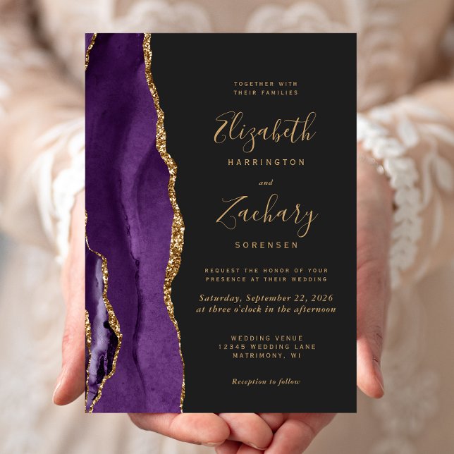 Moderne Lila Gold Agate Dark Wedding Einladung (An elegant way to invite friends and family to share your special day.)