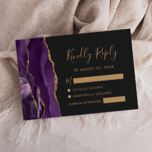 Moderne Lila Gold Agate Dark Wedding RSVP Card Karte