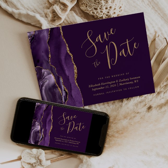 Moderne Lila Gold Agate Plum Save the Date Card (Von Creator hochgeladen)
