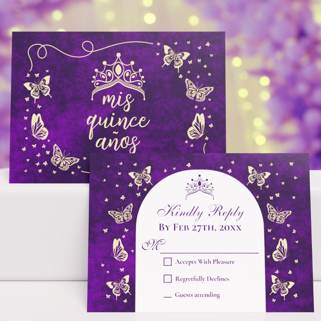Moderne Lila Gold Tiara Butterfliegen Quinceañera RSVP Karte (Modern Purple Gold Tiara Butterflies Quinceañera RSVP Card)