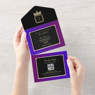 Moderne lila-goldene Monogramm-Hochzeit All In One Einladung