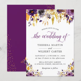 Moderne Lila Goldmedaille-Glitzer Blumenhochzeit Einladung