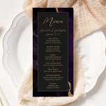 Moderne Lila Goldvorstellung Menükarte<br><div class="desc">Dieses elegante,  moderne Hochzeitsmenü besticht durch eine lila Aquarellkulisse mit vergoldetem Imitat-Glitzer. Der Text erscheint in goldfarbener Handschrift und singt serifenlose Schriftart auf einem schwarzen Rechteck aus dunklem Schiefer. Das agate Design wird auf der Rückseite wiederholt.</div>