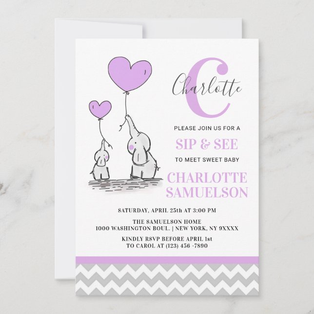 Moderne Lila Graue Elefant SIP & SEE Baby Girl Einladung (Vorderseite)