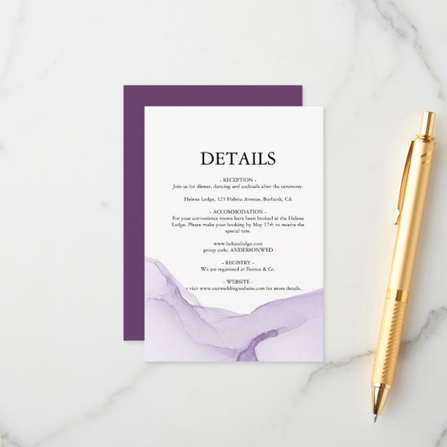 Moderne Lila Hochzeit Begleitkarte (Vorderseite/Rückseite Beispiel)