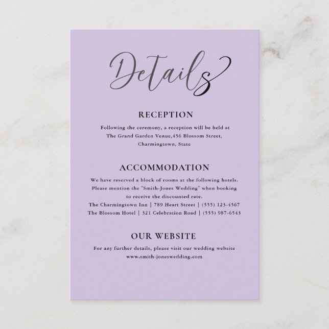 Moderne Lila Hochzeitdetails Begleitkarte (Vorderseite)