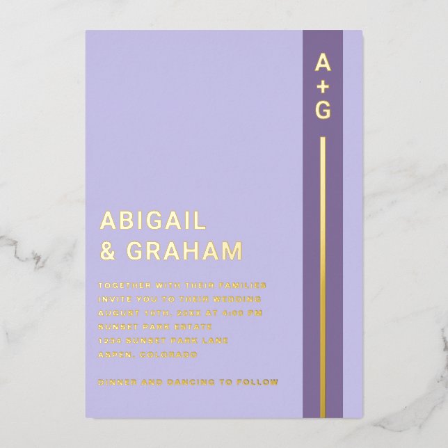 Moderne Lila Hochzeitsreise Folieneinladung (Vorderseite)