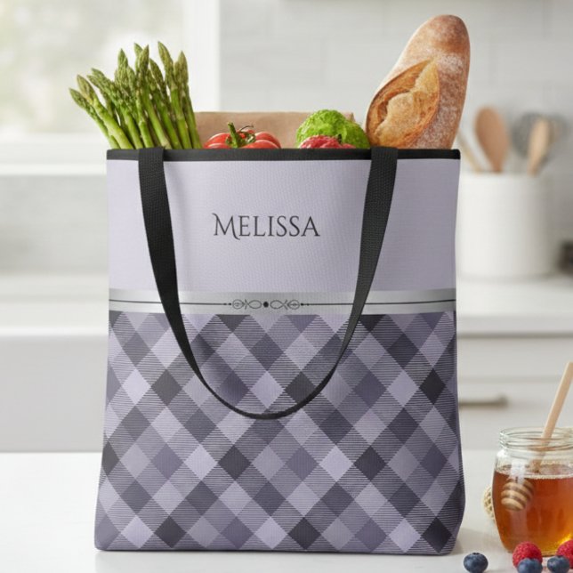 Moderne lila karierte Boutique-Tasche (Elevating the everyday tote bag with a little lavender magic)