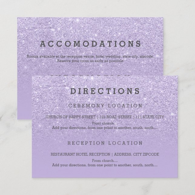 Moderne lila Lavendel Glitzer Details Hochzeit Einladung (Vorne/Hinten)