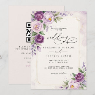 Moderne lila-lavendelfarbene Blumenhochzeit mit QR Einladung