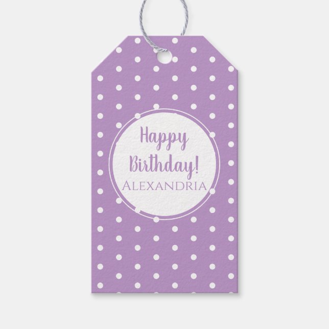 Moderne Lila Lilac Polka Dots Name Happy Birthday Geschenkanhänger (Vorderseite)