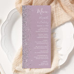 Moderne Lila Lilac Silver Glitzer Wedding Menükarte<br><div class="desc">Die links Seite dieses eleganten,  modernen Hochzeitsmenüs besticht durch ein silbernes Imitat-Glitzer-Design. Der anpassbare Text kombiniert weiße Handschrift,  Copperplate und kursive Schriftart auf einem staubigen,  lila Hintergrund. Auf der Rückseite ist ein passender staubiger Lavendel und silberner Glitzer zu sehen.</div>