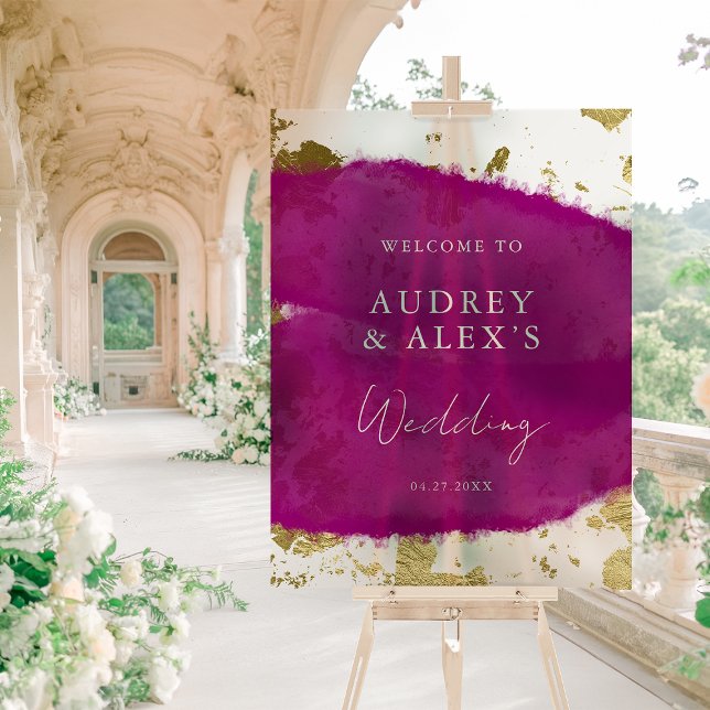 Moderne Lila Magenta Gold Hochzeit Willkommen Acrylschild (Von Creator hochgeladen)