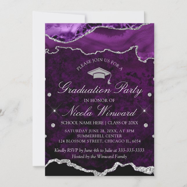 Moderne Lila Marble Agate Graduation Party Einladung (Vorderseite)