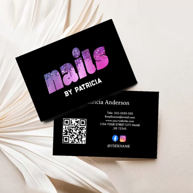 Moderne Lila Nails Glitzer Tropfen Script Nail Tec Visitenkarte (Modern Purple Nails Glitter Drips Script Nail Tech Business Card)