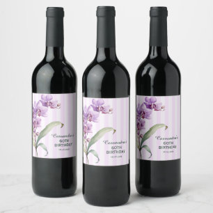 Moderne Lila Orchid Streifen Floral 60. Geburtstag Weinetikett