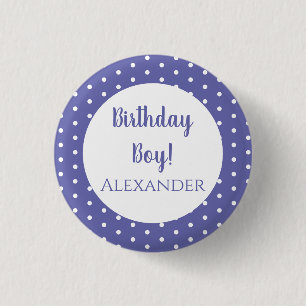 Moderne Lila Polka Dots Name Birthday Boy Button