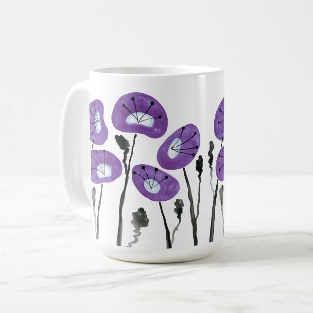 Moderne Lila Popes Wasserfarbene Blume Tee und Kaf Kaffeetasse (Vorderseite Links)