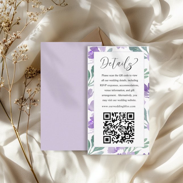 Moderne Lila QR-Code-Hochzeitdetails Begleitkarte (Von Creator hochgeladen)
