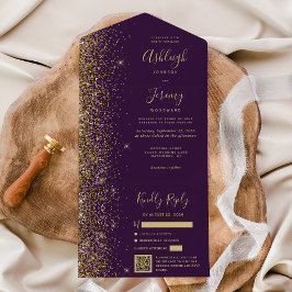 Moderne Lila QR-Glitzer-Hochzeit All In One Einladung