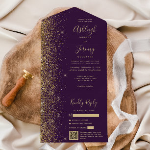 Moderne Lila QR-Glitzer-Hochzeit All In One Einladung
