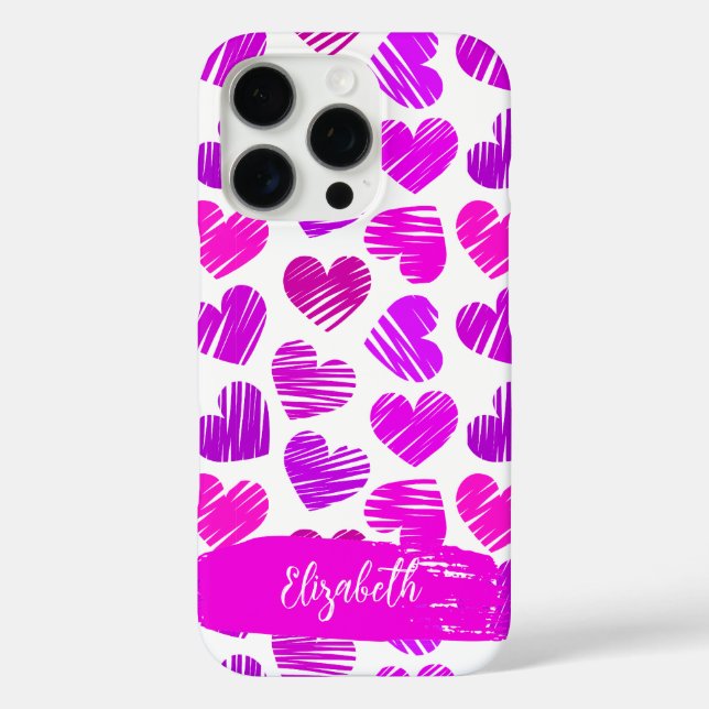 Moderne Lila rosa Doodled Hearts Valentine Name Case-Mate iPhone Hülle (Rückseite)