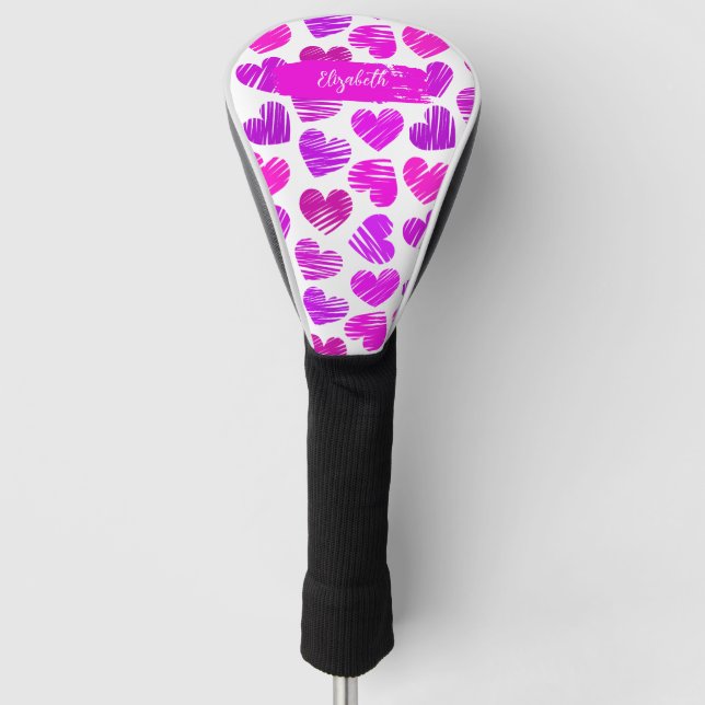 Moderne Lila rosa Doodled Hearts Valentine Name Golf Headcover (Vorderseite)
