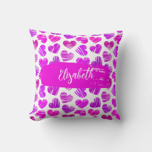 Moderne Lila rosa Doodled Hearts Valentine Name Kissen