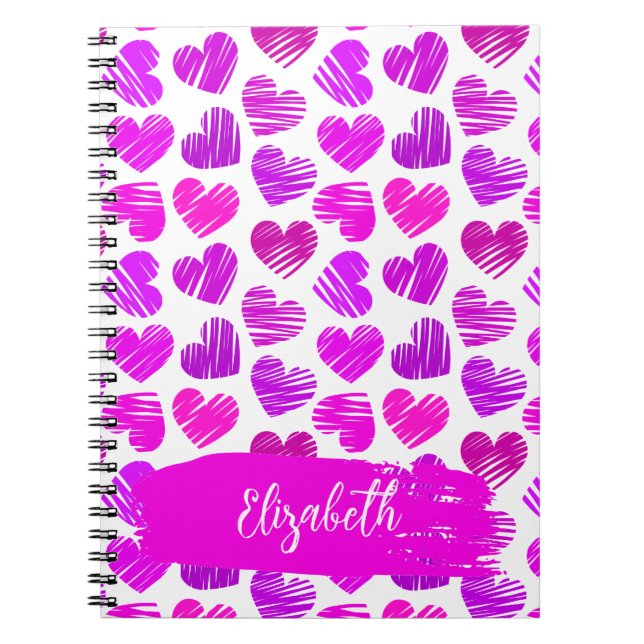 Moderne Lila rosa Doodled Hearts Valentine Name Notizblock (Vorderseite)
