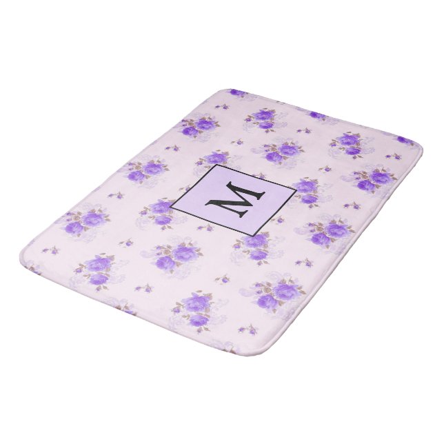 Moderne Lila Rose mit Blumen Badematte (Schrägansicht)