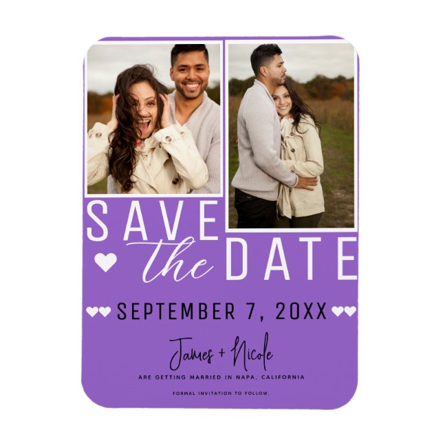 Moderne Lila Save the Date 2 Foto Hochzeit Magnet (Vertikal)