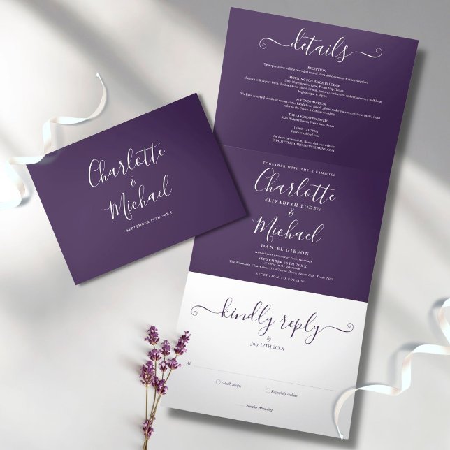 Moderne Lila Script Minimalistisch Foto Hochzeit Dreifach Gefaltete Einladung (Von Creator hochgeladen)