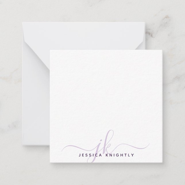 Moderne Lila Script Monogram Initials minimal Mitteilungskarte (Vorderseite)