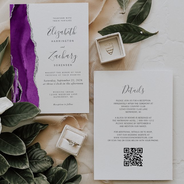 Moderne Lila Silber-Agate QR-Hochzeit Einladung (Von Creator hochgeladen)