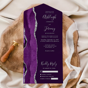 Moderne lila silberne Achat-Pflaume Hochzeit All In One Einladung