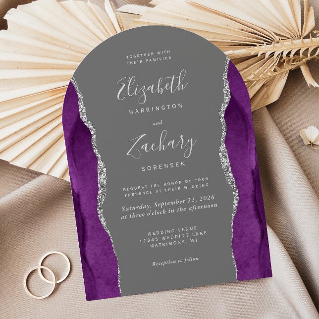 Moderne Lila Silver Agate Gray Arch Wedding Einladung (Von Creator hochgeladen)