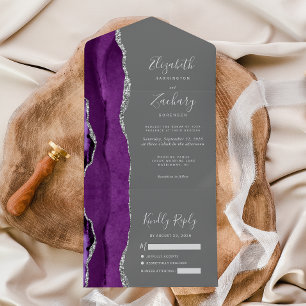 Moderne Lila Silver Agate Gray Wedding All In One Einladung