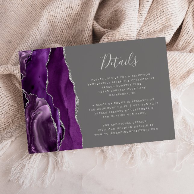 Moderne Lila Silver Agate Gray Wedding Details Begleitkarte (Von Creator hochgeladen)