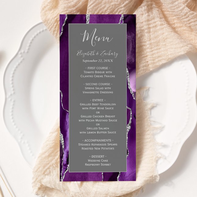 Moderne Lila Silver Agate Gray Wedding Menükarte (Von Creator hochgeladen)