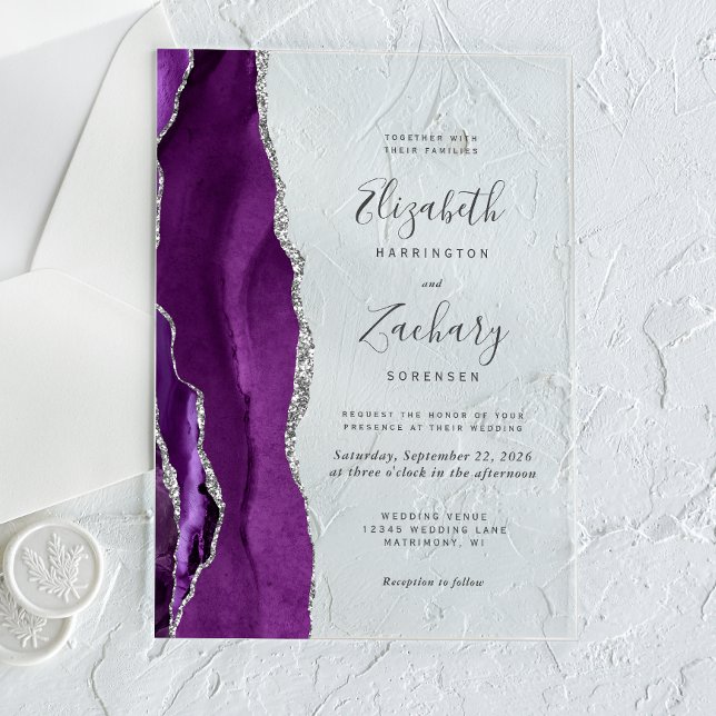 Moderne Lila Silver Agate Hochzeit Acryleinladungen (Von Creator hochgeladen)