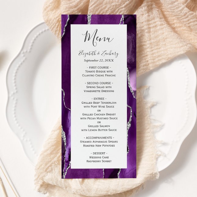 Moderne Lila Silver Agate Hochzeit Menükarte (Von Creator hochgeladen)