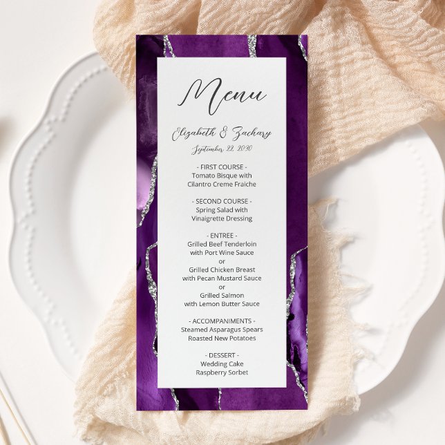Moderne Lila Silver Agate Hochzeit Menükarte (Von Creator hochgeladen)