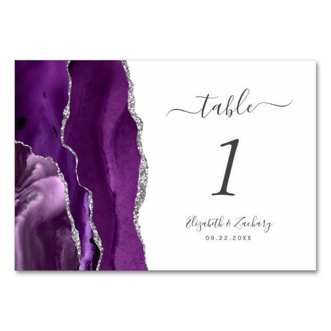 Moderne Lila Silver Agate Hochzeit Tischnummer (Vorderseite)