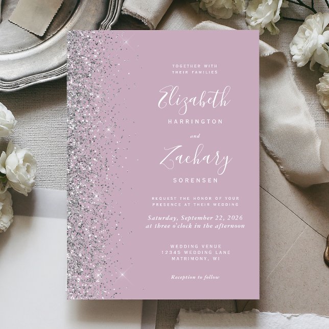 Moderne, Lila Silver Glitzer Edge Wedding Einladung (Von Creator hochgeladen)